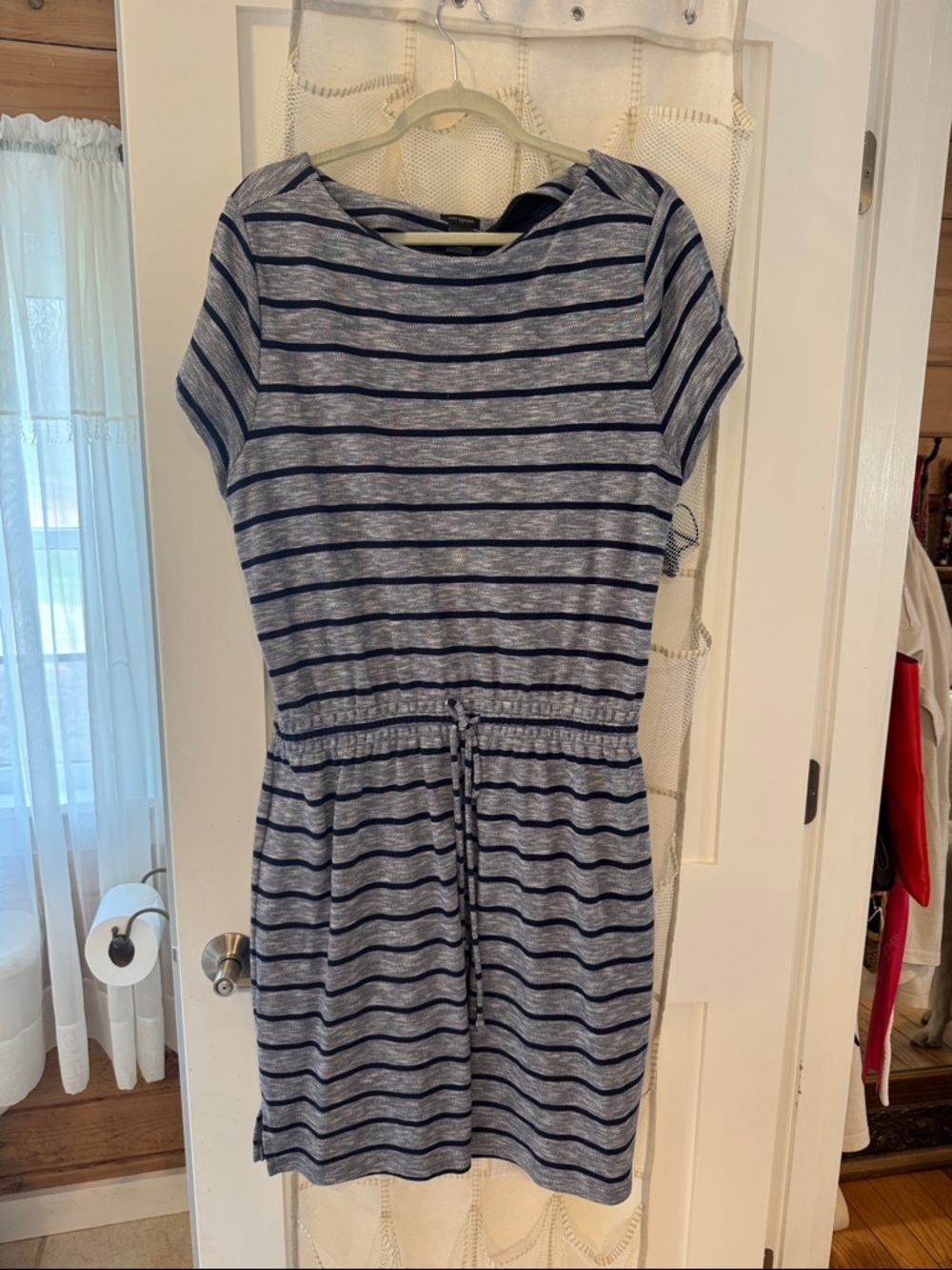 Ann Taylor Navy and Heather Gray Striped Drawstring Mini Dress